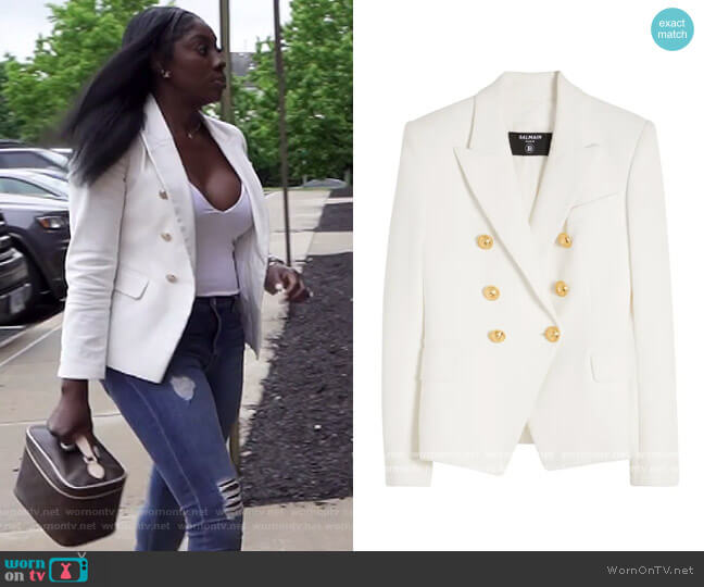 Balmain Double Breasted Cotton Pique Blazer worn by Wendy Osefo on The Real Housewives of Potomac