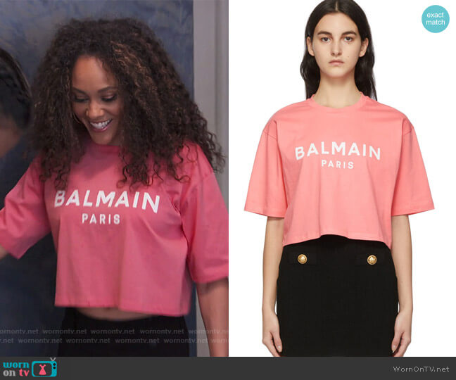 Balmain Pink Cropped Logo T-Shirt worn by Ashley Darby on The Real Housewives of Potomac