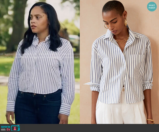 Banana Republic The Boxy Cropped Shirt in White & Navy Stripe worn by Darla (Bianca Lawson) on Queen Sugar