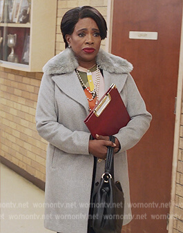 Barbara’s gray shearling collar coat on Abbott Elementary
