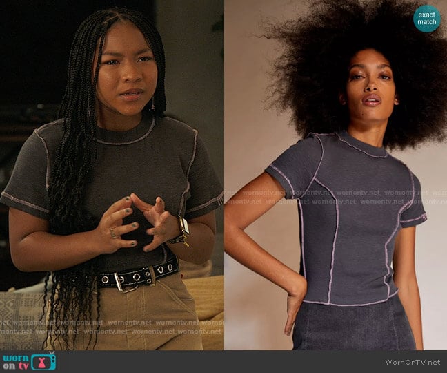 BDG at Urban Outfitters Katie Seamed Baby Tee in Grey worn by Delilah (Laya DeLeon Hayes) on The Equalizer