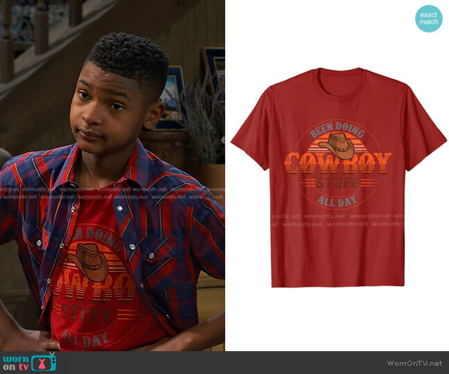 WornOnTV: Bill's red cowboy print tee and plaid shirt on Bunkd