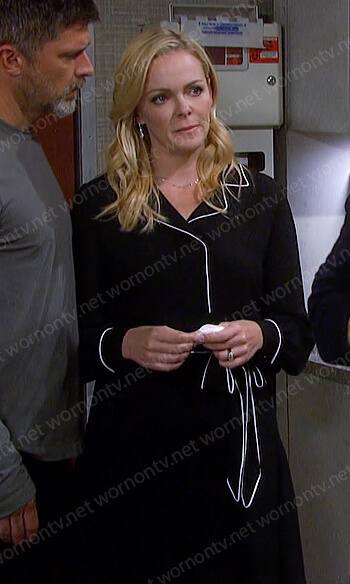 Belle’s black wrap dress with white piping on Days of our Lives