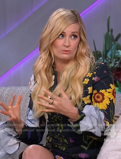 Beth Behr’s black floral print bell sleeve dress on The Kelly Clarkson Show