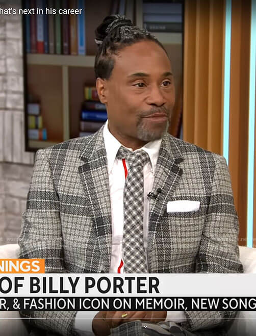 Billy Porter’s grey plaid jacket and kilt on CBS Mornings