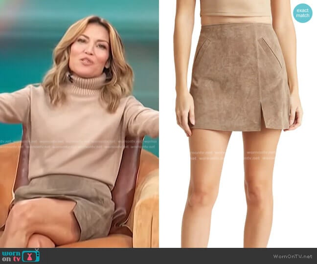 Blank NYC Real Suede Mini Skirt in French Taupe worn by Kit Hoover on Access Hollywood