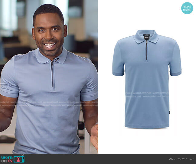 Boss Polston Slim Fit Cotton Zip Polo worn by Justin Sylvester on E! News