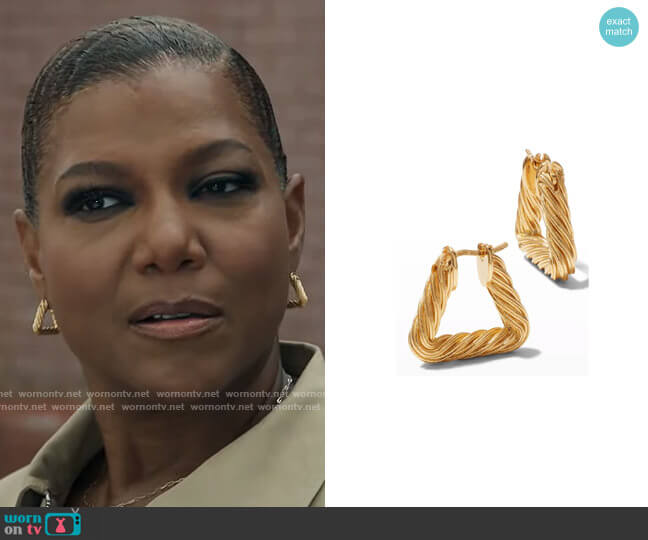 Bottega Veneta Twisted Triangle Hoop Earrings worn by Robyn McCall (Queen Latifah) on The Equalizer