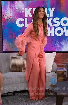 Camila Alves’s pink feather trim shirtdress on The Kelly Clarkson Show