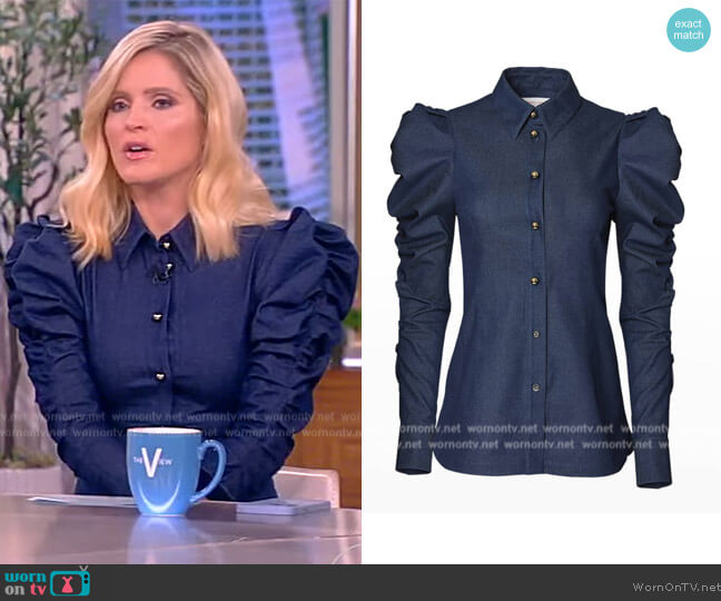 Carolina Herrera Denim Shirred Puff-Sleeve Blouse worn by Sara Haines on The View