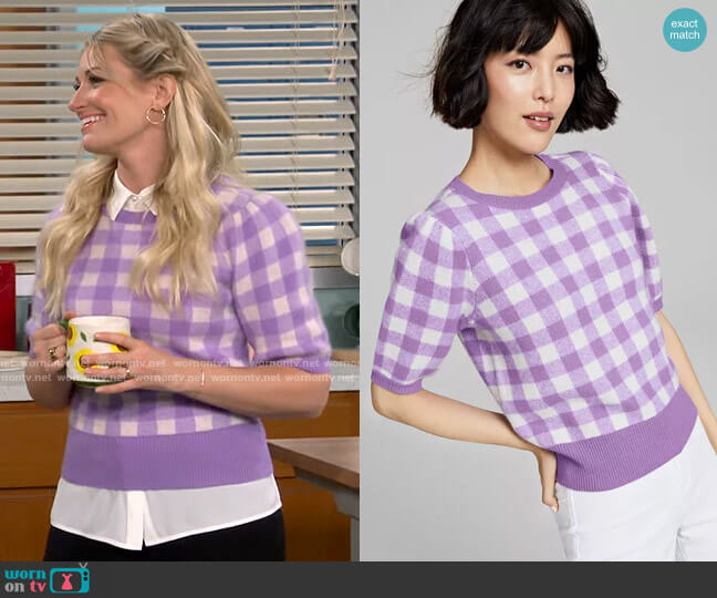 Charter Club Cashmere Gingham Sweater in Sparkling Lavender worn by Gemma (Beth Behrs) on The Neighborhood