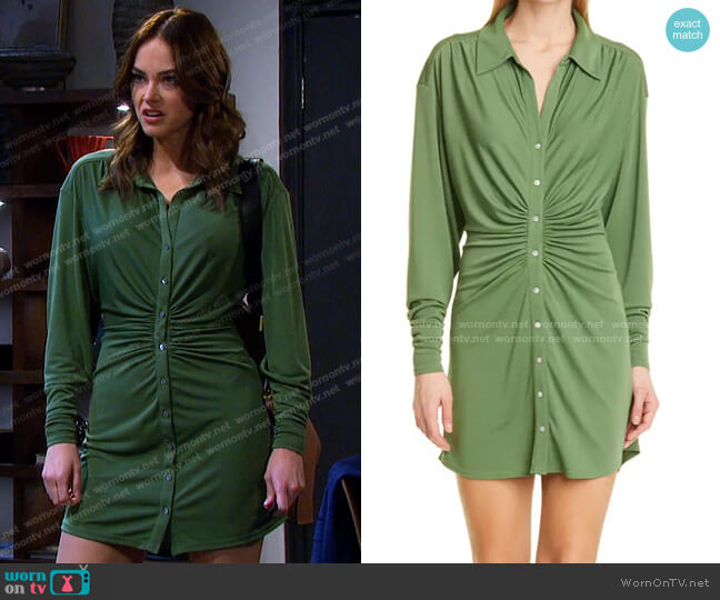 Cinq a Sept Arden Ruched Long Sleeve Shirtdress worn by Stephanie Johnson (Abigail Klein) on Days of our Lives