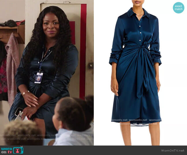 Cinq a Sept Jacey Silk Knotted Shirt Dress worn by Ava Coleman (Janelle James) on Abbott Elementary
