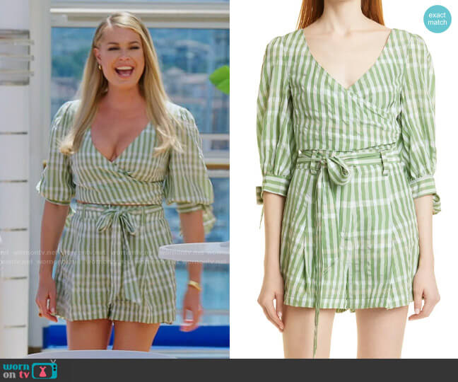 Cinq a Sept Flora Check Faux Wrap Top and Shorts worn by Rebecca Romijn on The Real Love Boat