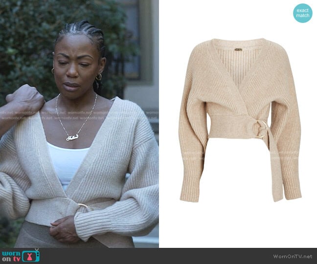 Cult Gaia Tully Belted Wrap Cardigan worn by Fallon Stephens (Aries Sanders) on Reasonable Doubt