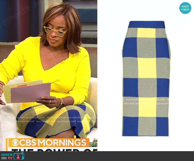 Derek Lam Checked Midi Skirt worn by Gayle King on CBS Mornings