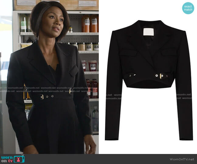 Dion Lee buckled cropped jacket worn by Jax Stewart (Emayatzy Corinealdi) on Reasonable Doubt