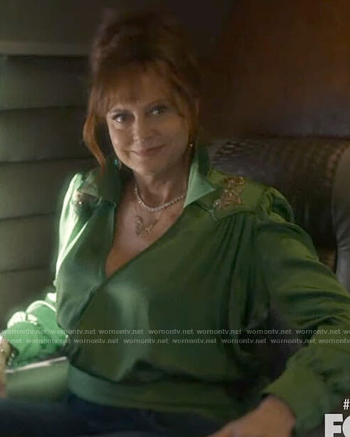 Dottie's green embellished wrap blouse on Monarch