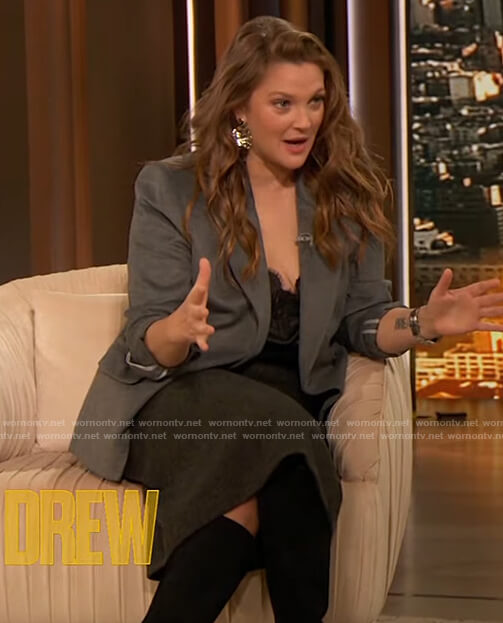 Drew’s gray blazer and skirt on The Drew Barrymore Show