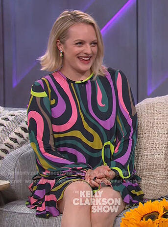 Elizabeth Moss's swirl print dress on The Kelly Clarkson Show