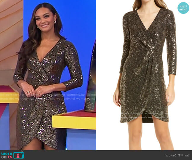 Eliza J Sequin Faux Wrap Dress worn by Alexis Gaube on The Price is Right