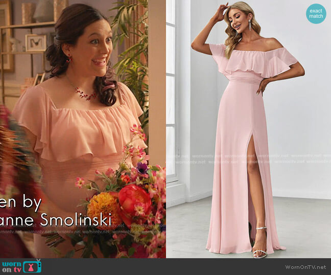 Ever Pretty Off the Shoulder Ruffle Chiffon Bridesmaid Dress worn by Sarah (Caitlin McGee) on Home Economics