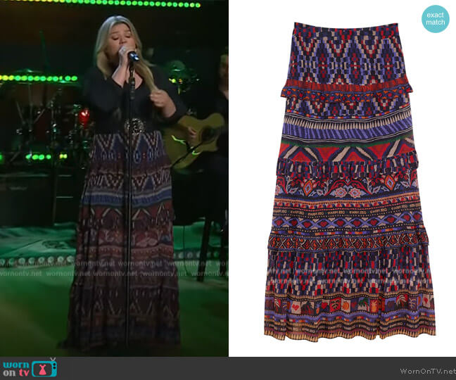 Farm Rio Blue Ainika Tapestry Maxi Skirt worn by Kelly Clarkson on The Kelly Clarkson Show