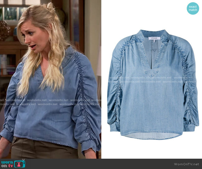 Frame Ruched Denim Blouse worn by Gemma (Beth Behrs) on The Neighborhood