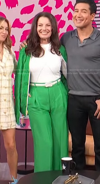 Fran Drescher’s green cable knit cardigan and pants on Access Daily