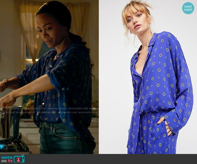 Free People Shirt Up Top in Blue Combo worn by Amy Wheeler (Zoe Saldana) on From Scratch
