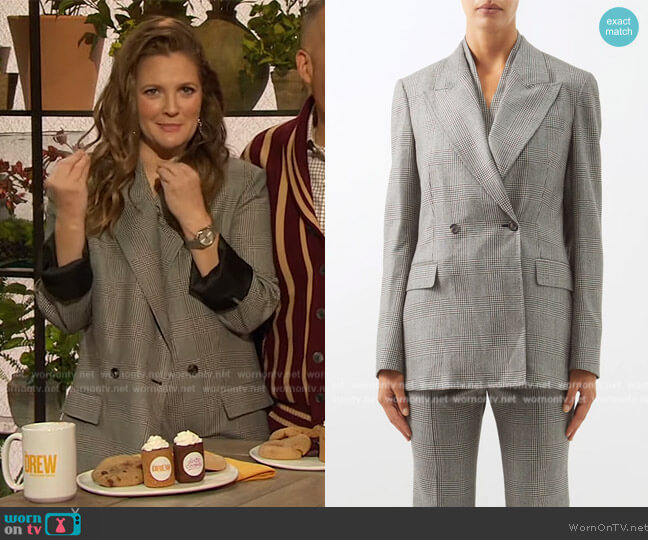 Gabriela Hearst Seun double-breasted check wool-blend suit jacket worn by Drew Barrymore on The Drew Barrymore Show