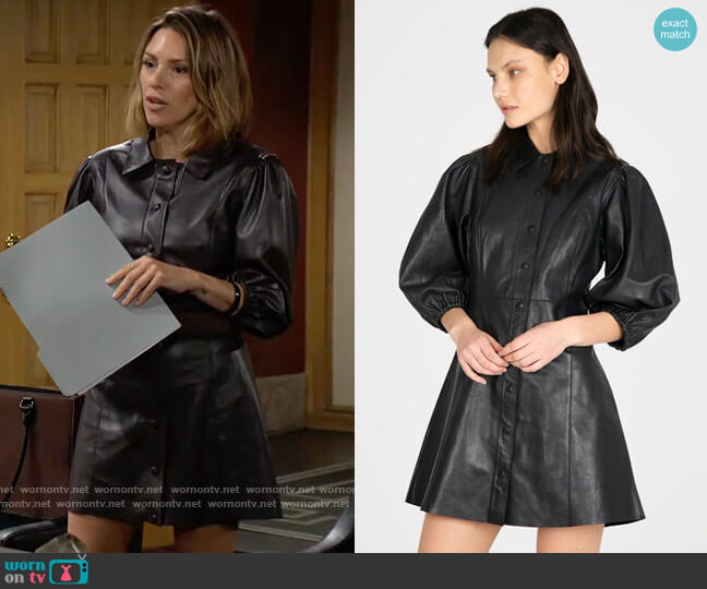 Ganni Balloon Sleeve Leather Dress worn by Chloe Mitchell (Elizabeth Hendrickson) on The Young and the Restless