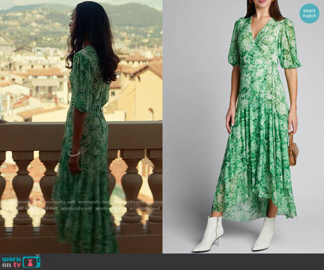 Ganni Printed Mesh Wrap Dress worn by Amy Wheeler (Zoe Saldana) on From Scratch