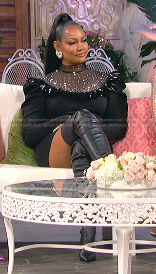 Gacelle’s black embellished mesh panel dress on The Real Housewives of Beverly Hills