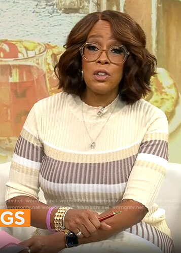 Gayle King’s beige striped knit dress on CBS Mornings