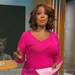 Gayle King’s pink asymmetric sweater and checked skirt on CBS Mornings