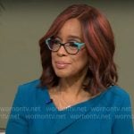 Gayle’s teal blue asymmetric v-neck dress on CBS This Morning
