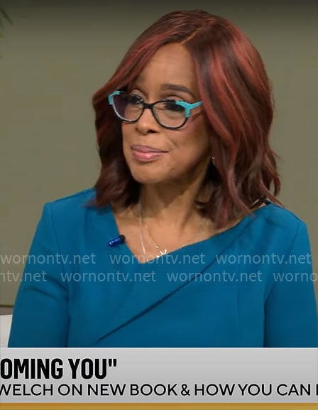 Gayle's teal blue asymmetric v-neck dress on CBS This Morning
