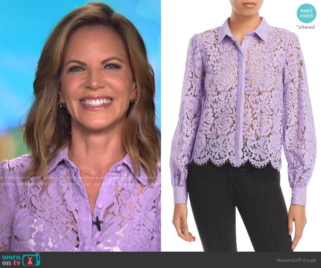 Generation Love Jada Lace Blouse in Lavender worn by Natalie Morales on CBS Mornings