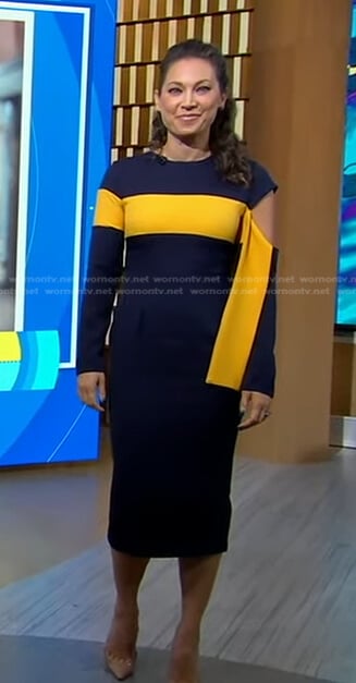 Ginger’s navy and yellow cutout sheath dress on Good Morning America