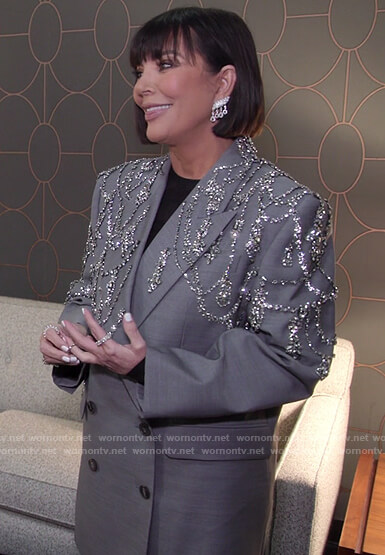 Kris's gray crystal embellished blazer dress on The Kardashians