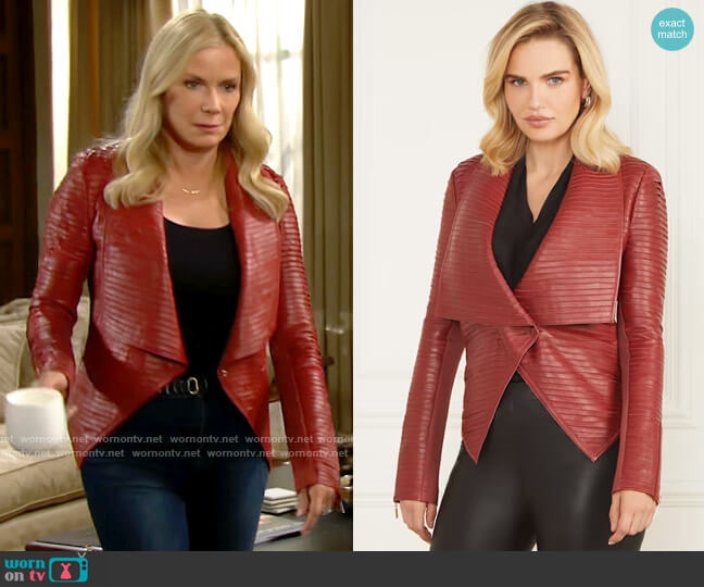 Marciano Shayna Leather Jacket in Dark Jam Red worn by Brooke Logan (Katherine Kelly Lang) on The Bold and the Beautiful