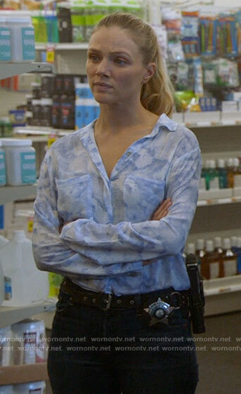 Hailey’s blue watercolor print button up shirt on Chicago PD