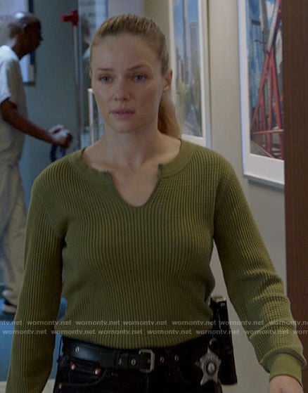 Hailey’s green waffle knit top on Chicago PD