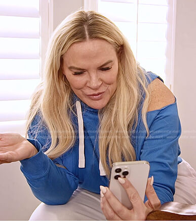 Heather’s blue cold shoulder hoodie on The Real Housewives of Salt Lake City