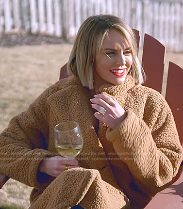Whitney’s brown button front sherpa coat on The Real Housewives of Salt Lake City