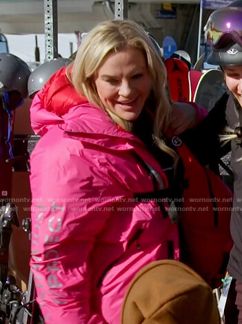 Heather’s pink hooded puffer jacket on The Real Housewives of Salt Lake City