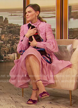 Hilary Swank’s pink ruched mini dress on The Drew Barrymore Show