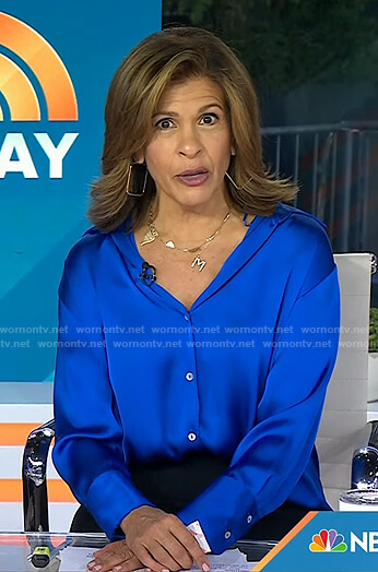 Hoda’s blue satin button up shirt on Today