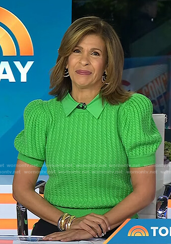 Hoda’s green cable knit sweater and pants on Today